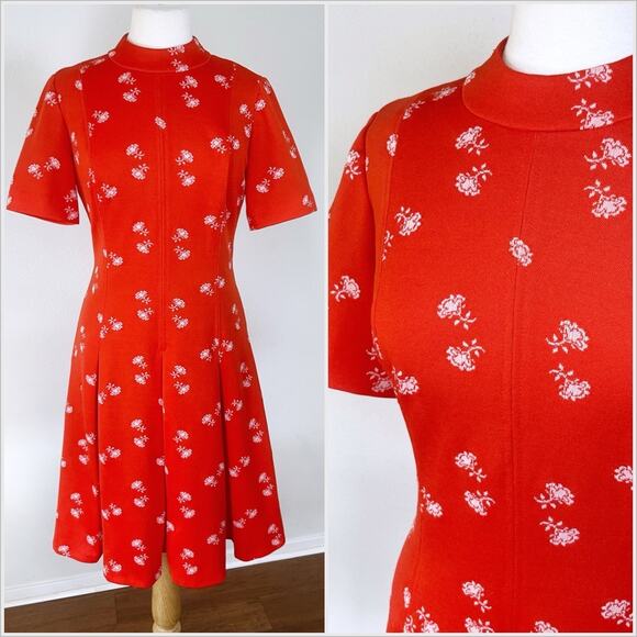 Vintage 70s Red Mock Neck Short Sleeve‎ Midi Dress // Size Large - Picture 1 of 3